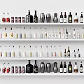 Various Types of Wine Bottles and Glasses Neatly Arranged on Display Shelves with Mixing Tools