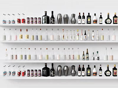 Various Types of Wine Bottles and Glasses Neatly Arranged on Display Shelves with Mixing Tools 3d model