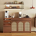 Modern Brown Sideboard with Rattan Doors Coffee Machine Decorative Items and Plant