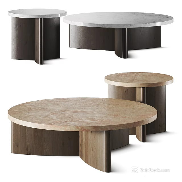 Modern Round Coffee Table For Living Room With Marble Top And Wooden Legs Design 3d model 