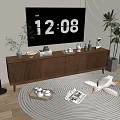 Modern Wooden TV Stand with Decorations Potted Plant Floor Lamp Toy and Magazine on Rug