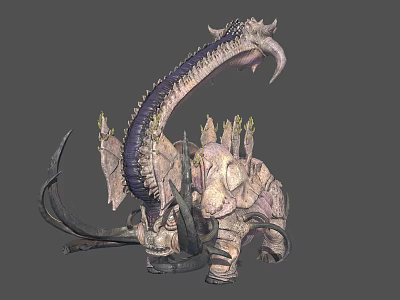 Fantasy Monster With Elongated Neck Spiked Dorsal Plates Horned Skull And Rough Scaly Skin 3d model