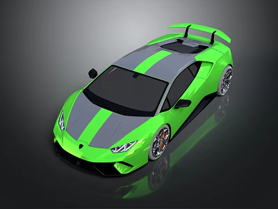 Shiny Green Aerodynamic Sports Car With Gray Stripes And Rear Spoiler 3d model