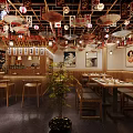 Traditional Japanese Restaurant Interior With Wooden Furniture And Hanging Lanterns