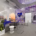 Lucky Coffee Cafe Modern Interior With Bookshelves Round Wooden Tables Chairs And White Pendant Lights