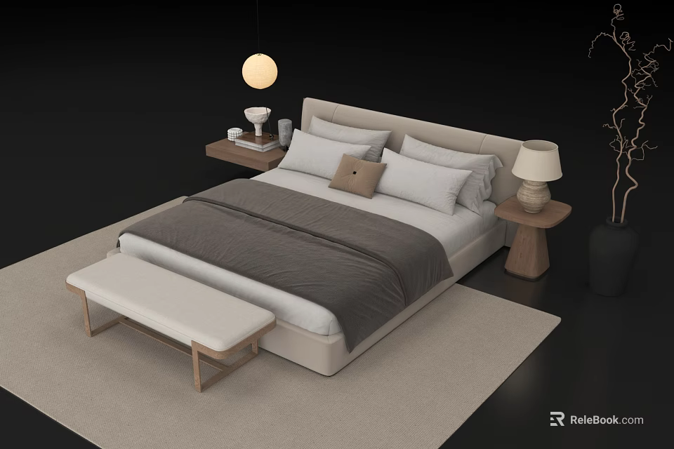Modern Beige Double Bed with Nightstand Table Lamp Bench and Rug 3d model 