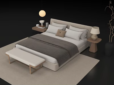 Modern Beige Double Bed with Nightstand Table Lamp Bench and Rug 3d model