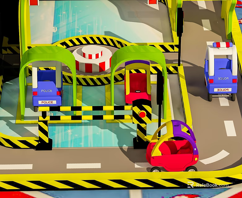 Toy Parking Lot Play Set With Police Cars Colorful Vehicles And Safety Barriers 3d model 