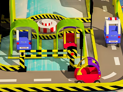 Toy Parking Lot Play Set With Police Cars Colorful Vehicles And Safety Barriers 3d model