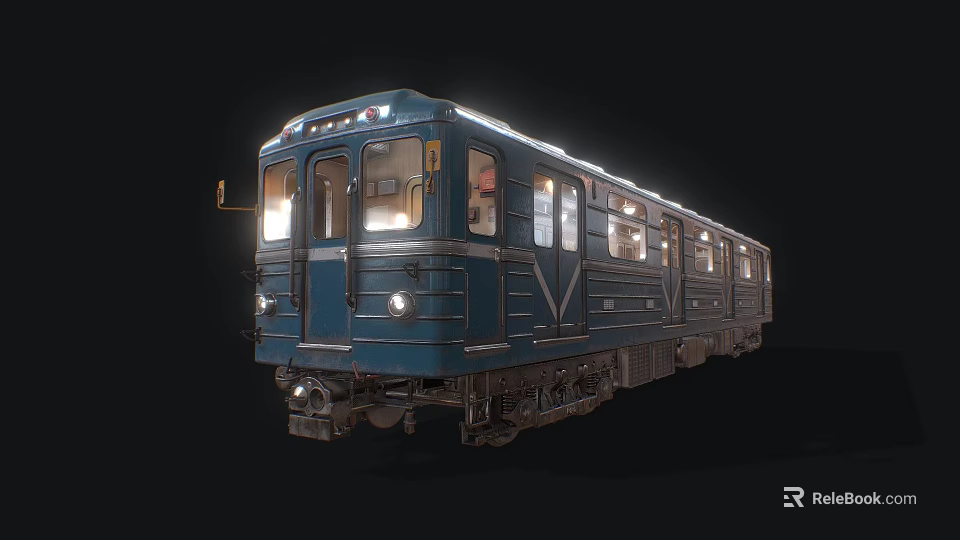 Blue Vintage Train Front With Round Headlights And Lit Windows On Black Background 3d model 