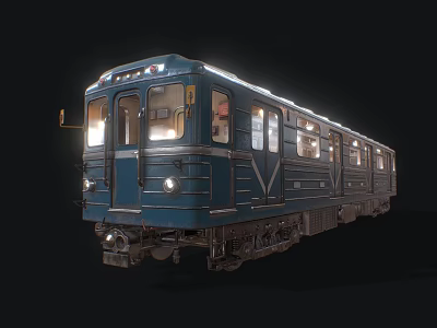 Blue Vintage Train Front With Round Headlights And Lit Windows On Black Background 3d model