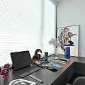 Elegant Laptop Desk Setup With Headphones Mobile Phone Lamp Vase Painting And Blinds