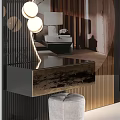 Modern Dressing Table With Round Mirror Hanging Lights And Stool Design 3d model