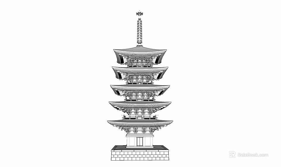 Traditional Five Story Pagoda Structure With Curved Roofs Stone Base And Ornate Spire Top 3d model 