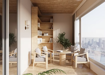 Modern Home Balcony Log Home Green Plant Balcony Bookcase 3d model