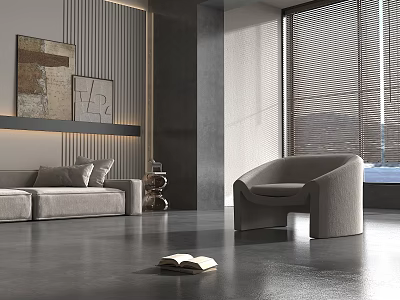 Elegant Modern Spacious Living Room With Gray Sofa Accent Chair Art Paintings And Window Blinds 3d model
