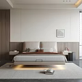 Modern Light Colored Double Bed With Upholstered Headboard Throw Blanket Nightstand And Bright Room Blinds