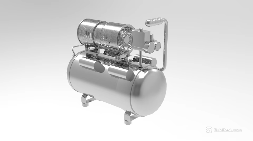 Industrial Silver Air Compressor With Cylindrical Tank Top Unit Heat Sink And Handle 3d model 