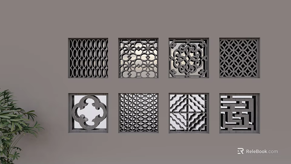 Square Decorative Lattice Panels With Intricate Patterns On Gray Wall 3d model 
