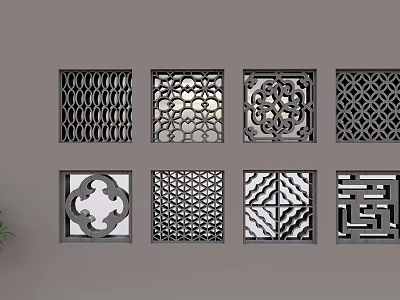 Square Decorative Lattice Panels With Intricate Patterns On Gray Wall 3d model