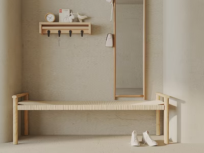 Minimalist Wooden Bench In Modern Entryway With Mirror Wall Shelf And Shoes 3d model