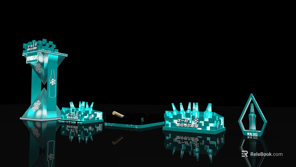 Turquoise Geometric Display Stands And Ashtray With Illuminated Design And Mirror Reflection 3d model 