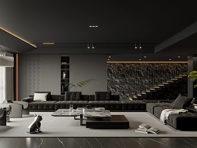 Modern Black Living Room Interior With Large Sofa Coffee Table Stone Staircase And Textured Wall 3d model
