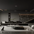 Modern Black Living Room Interior With Large Sofa Coffee Table Stone Staircase And Textured Wall
