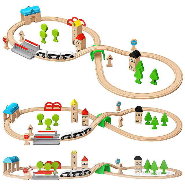 Wooden Doll Toy Train Track Set With Small Houses Trees And Train Cars 3d model 