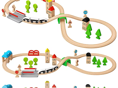 Wooden Doll Toy Train Track Set With Small Houses Trees And Train Cars 3d model