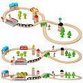 Wooden Doll Toy Train Track Set With Small Houses Trees And Train Cars