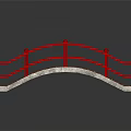 Decorative Wooden Garden Bridge With Red Railings And Arched Wooden Deck
