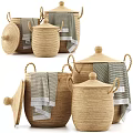 Woven Storage Baskets With Lids Handles And Gray Towels For Home Organization