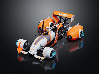 White and Orange Single Seater Racing Car With DASO Rear Wing And Blue Rimmed Wheels 3d model