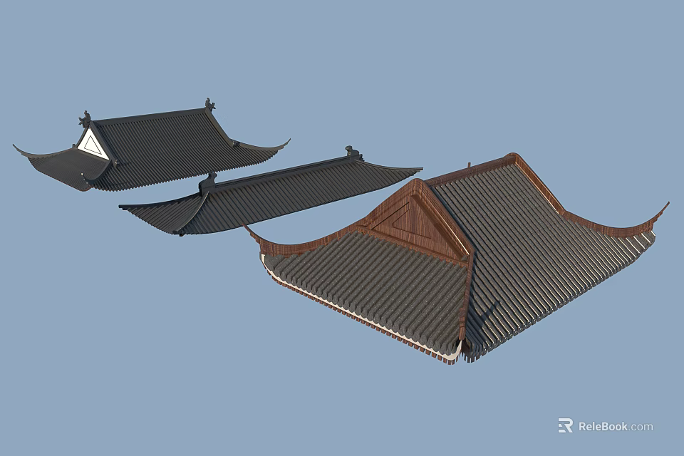 Traditional Architectural Roof Components Featuring Curved Eaves And Tile Roof Structures 3d model 