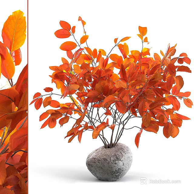 Vibrant Orange Leaf Arrangement In Natural Stone Vase For Home Decoration 3d model 