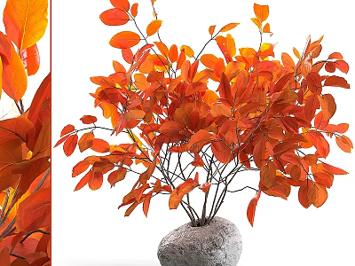 Vibrant Orange Leaf Arrangement In Natural Stone Vase For Home Decoration 3d model
