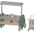 Wooden Toy Carts With Green Striped Awning Fruit Herb Labels And Toy Vegetables