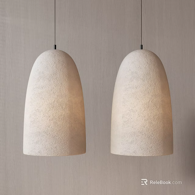 Two Textured Beige Pendant Lights with Dome Shape Hanging Against Light Wall 3d model