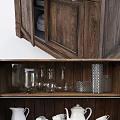 Wooden Sideboard with Open Shelves and Cabinet Doors Holding White Dinnerware and Glassware