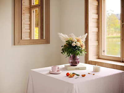 Elegant Decorative Ornament Set With Flower Vase Pink Cup Fruits On Tabletop With Wooden Windows 3d model