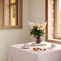 Elegant Decorative Ornament Set With Flower Vase Pink Cup Fruits On Tabletop With Wooden Windows