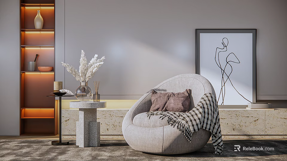 Curved Beige Single Sofa with Brown Pillows Striped Throw Blanket Stone Table and Minimalist Painting 3d model 