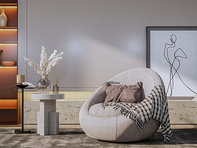 Curved Beige Single Sofa with Brown Pillows Striped Throw Blanket Stone Table and Minimalist Painting 3d model