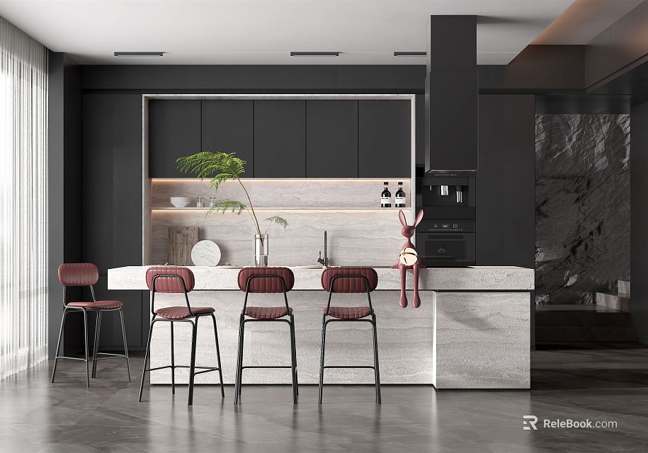 Modern Kitchen Interior With Black Cabinets White Countertop Red Bar Stools And Plant 3d model 