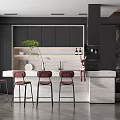 Modern Kitchen Interior With Black Cabinets White Countertop Red Bar Stools And Plant