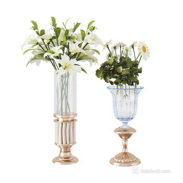 Two Decorative Transparent Glass Vases with White Flowers Green Leaves and Gold Bases 3d model 