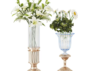 Two Decorative Transparent Glass Vases with White Flowers Green Leaves and Gold Bases 3d model