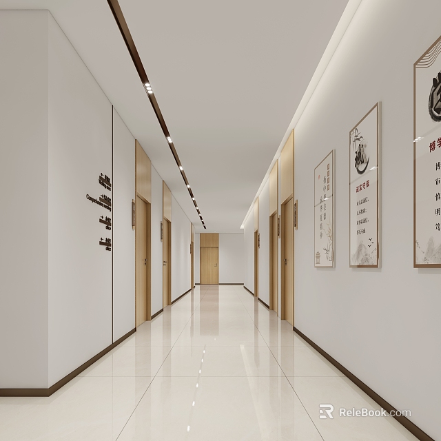 Modern Office Corridor Interior With White Walls Wooden Doors Linear Lights And Decorative Paintings 3d model 