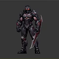 Futuristic Armored Warrior With Red Accents Holding Large Sword In Battle Stance